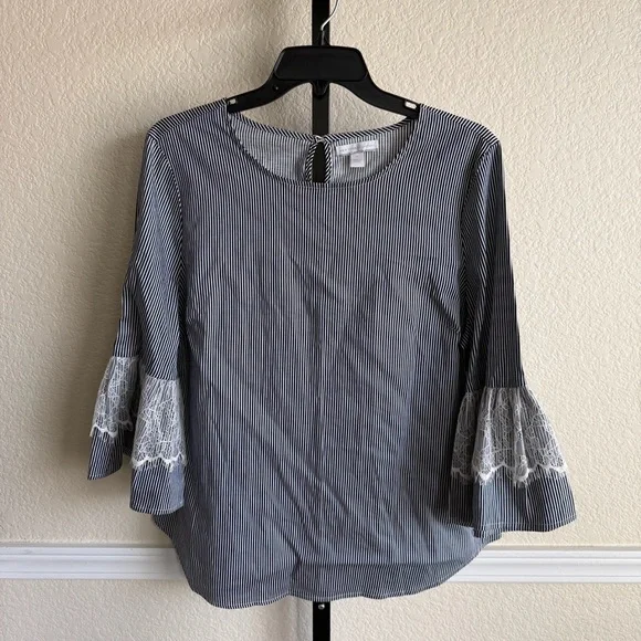 New York & Company Navy White Stripe Lace Bell Sleeve Blouse Medium Boho Keyhole - Picture 1 of 8